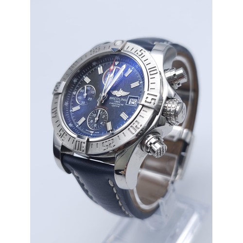 62 - A Breitling Automatic Chronograph Avenger II Gents Watch. Blue leather strap. Stainless steel case -... 