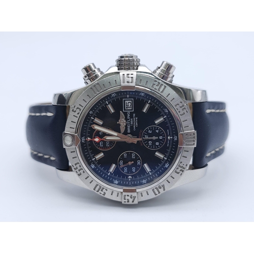 62 - A Breitling Automatic Chronograph Avenger II Gents Watch. Blue leather strap. Stainless steel case -... 