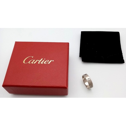 164 - An 18K White Gold Cartier Love Ring. Size Q. 6.73g. Comes with original Cartier pouch and packaging.... 