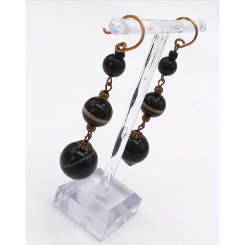 1745 - A Vintage Pair of Banded Graduated Agate Drop Earrings. 5.5cm