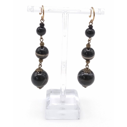 1745 - A Vintage Pair of Banded Graduated Agate Drop Earrings. 5.5cm