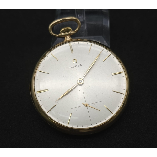 192 - A Beautifully Constructed Vintage 9K Yellow Gold Omega Pocket Watch. 47mm gold case. Silver-tone dia... 