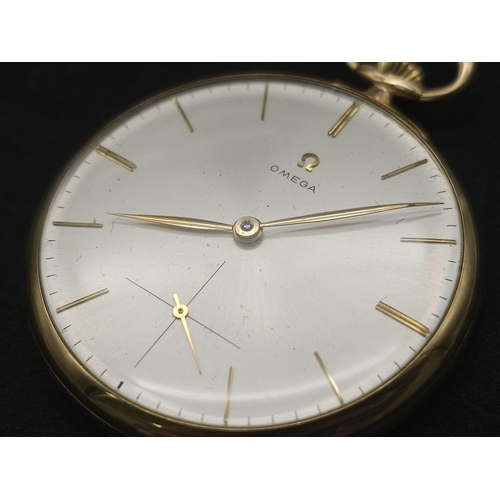 192 - A Beautifully Constructed Vintage 9K Yellow Gold Omega Pocket Watch. 47mm gold case. Silver-tone dia... 