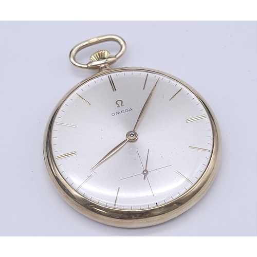 192 - A Beautifully Constructed Vintage 9K Yellow Gold Omega Pocket Watch. 47mm gold case. Silver-tone dia... 