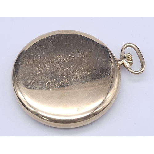 192 - A Beautifully Constructed Vintage 9K Yellow Gold Omega Pocket Watch. 47mm gold case. Silver-tone dia... 