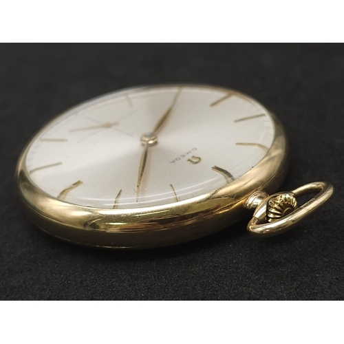 192 - A Beautifully Constructed Vintage 9K Yellow Gold Omega Pocket Watch. 47mm gold case. Silver-tone dia... 