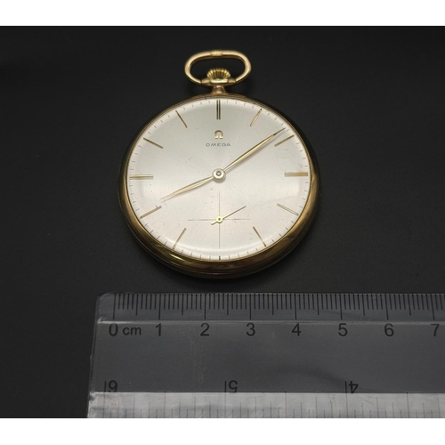 192 - A Beautifully Constructed Vintage 9K Yellow Gold Omega Pocket Watch. 47mm gold case. Silver-tone dia... 