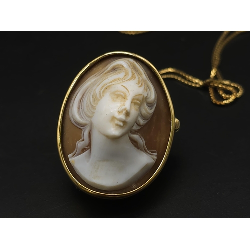 232 - A Vintage 18K Yellow Gold Cameo Pendant/Brooch on an 18K Yellow Gold Necklace. Pendant - 4.5cm. Neck... 