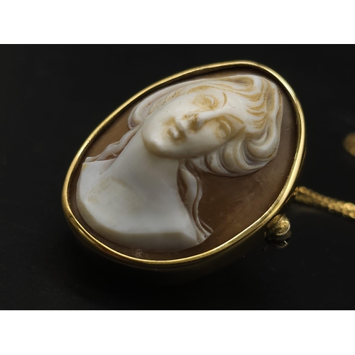 232 - A Vintage 18K Yellow Gold Cameo Pendant/Brooch on an 18K Yellow Gold Necklace. Pendant - 4.5cm. Neck... 