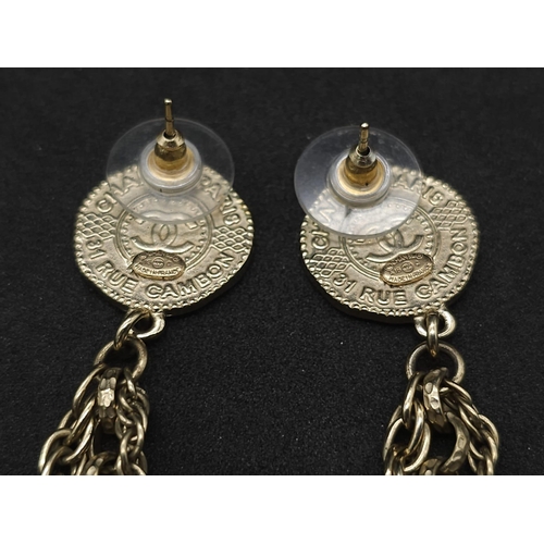 274 - A Pair of Designer Chanel Gilded Drop Earrings. 8cm drop. Comes with Chanel pouch and packaging. Ref... 