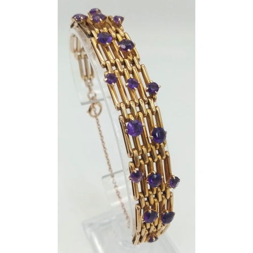 3 - A Vintage 9K Gold and Amethyst Gate Bracelet. Beautifully constructed with 19 clean well faceted ame... 