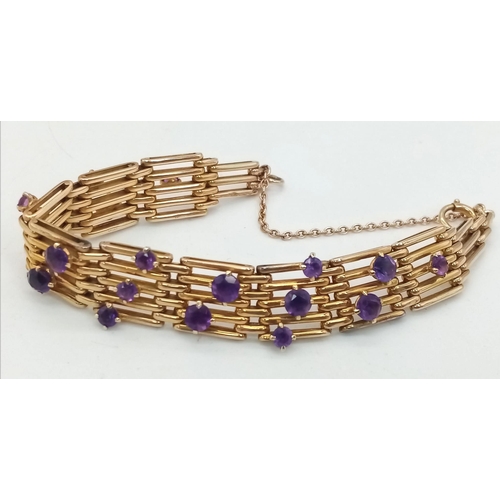 3 - A Vintage 9K Gold and Amethyst Gate Bracelet. Beautifully constructed with 19 clean well faceted ame... 