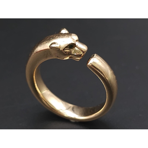 12 - A Cartier 18K Rose Gold Panther Ring with Onyx and Tsavorite Eyes. Size O. 11.1g total weight. Comes... 