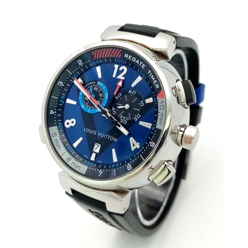 69 - A Louis Vuitton Tambour Regatta Navy Men's Quartz Chronograph Watch. Black LV rubber strap. Stainles... 