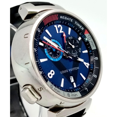 69 - A Louis Vuitton Tambour Regatta Navy Men's Quartz Chronograph Watch. Black LV rubber strap. Stainles... 