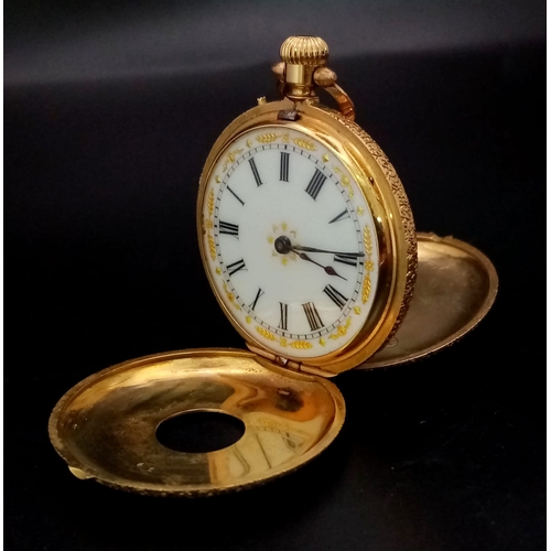 121 - An 18K Gold Half Hunter Pocket Watch with green enamel foilage decoration. 35mm diameter, white dial... 