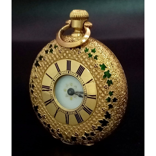 121 - An 18K Gold Half Hunter Pocket Watch with green enamel foilage decoration. 35mm diameter, white dial... 