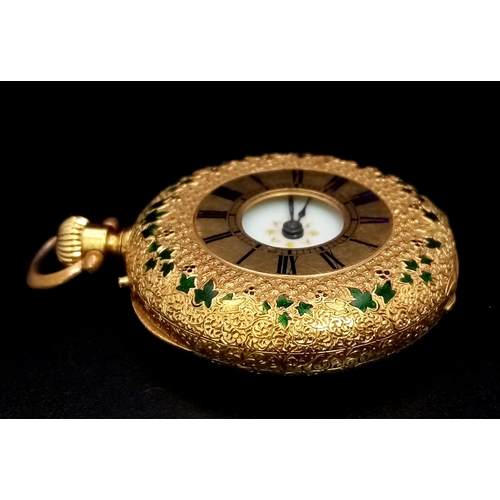 121 - An 18K Gold Half Hunter Pocket Watch with green enamel foilage decoration. 35mm diameter, white dial... 