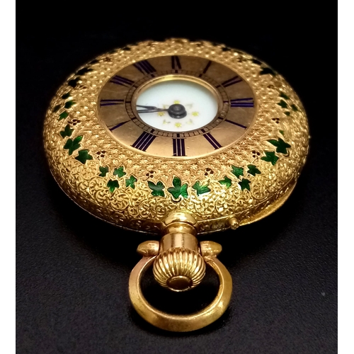 121 - An 18K Gold Half Hunter Pocket Watch with green enamel foilage decoration. 35mm diameter, white dial... 