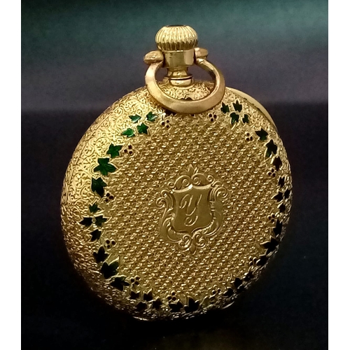 121 - An 18K Gold Half Hunter Pocket Watch with green enamel foilage decoration. 35mm diameter, white dial... 