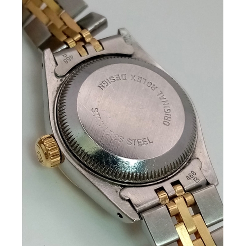 149 - A Bi-Metal Rolex Oyster Perpetual Datejust Ladies Watch. Bi-metal bracelet and case - 26mm. Gold ton... 