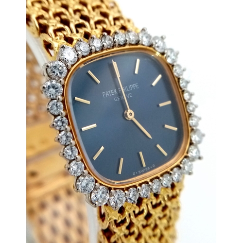 247 - A Vintage Patek Phillipe 18K Yellow Gold and Diamond Watch. 18k gold mesh bracelet. 18k gold case - ... 