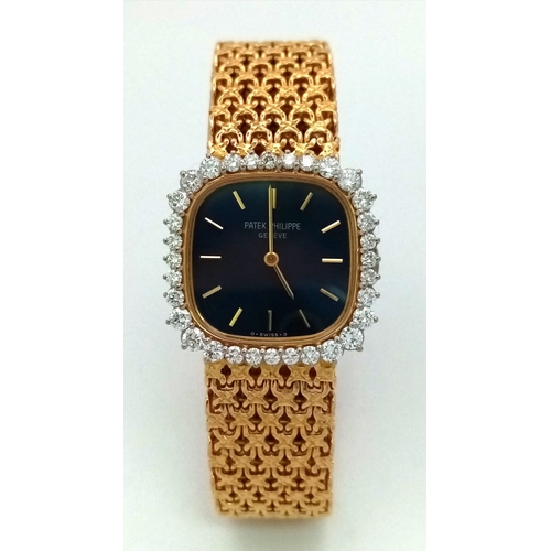 247 - A Vintage Patek Phillipe 18K Yellow Gold and Diamond Watch. 18k gold mesh bracelet. 18k gold case - ... 