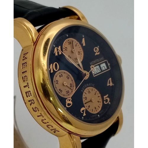 358 - A Montblanc 18K Gold Meisterstuck 4810 Automatic Gents Watch. Black leather strap. 18k gold case - 3... 