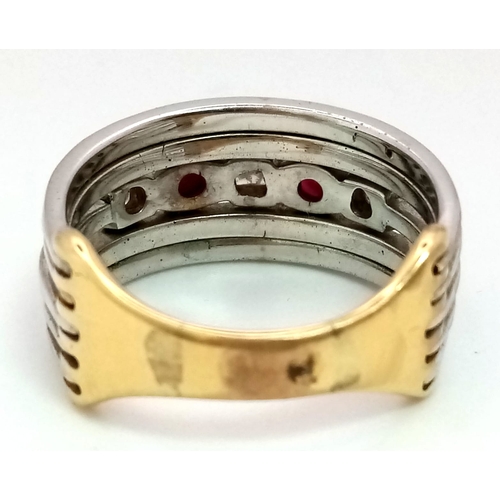 11 - A Statement 18k Yellow, White Gold and Gemstone Band Ring.  A Central reservation of oval rubies and... 