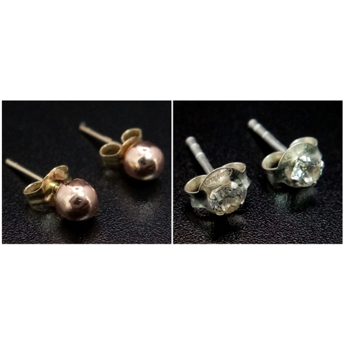 1753 - Two Pairs of Earrings - 925 Silver White Stone Stud and 9K Gold Ball Stud.