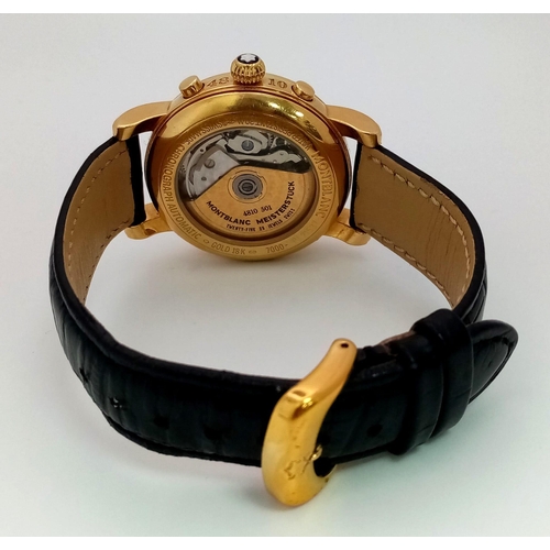 358 - A Montblanc 18K Gold Meisterstuck 4810 Automatic Gents Watch. Black leather strap. 18k gold case - 3... 