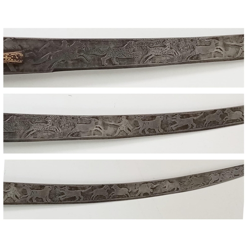 386 - An Indian Talwar Sword with Koftgari Style Handle and Detailed Etching of a Hunting Scene on the Bla... 