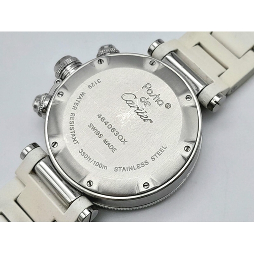 331 - A Pasha de Cartier Ladies Chronograph Watch. White rubber bracelet. Stainless steel case - 37mm. Cre... 