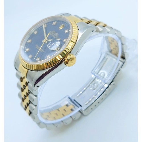 100 - A Bi-Metal Rolex Oyster Perpetual Datejust Gents Diamond Watch. Bi-metal strap and case - 36mm. Blac... 