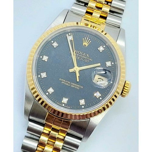 100 - A Bi-Metal Rolex Oyster Perpetual Datejust Gents Diamond Watch. Bi-metal strap and case - 36mm. Blac... 