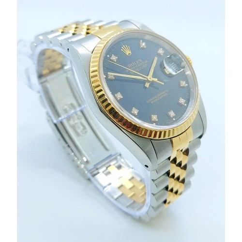 100 - A Bi-Metal Rolex Oyster Perpetual Datejust Gents Diamond Watch. Bi-metal strap and case - 36mm. Blac... 