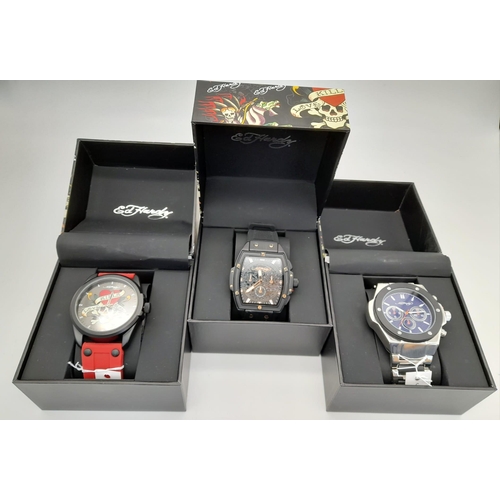 Three Different Style Ed Hardy Skull Quartz Watches. As new in boxes. All in need of a battery so a