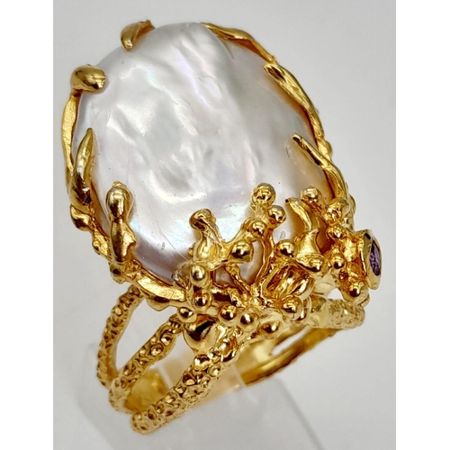 112 - An original, designer, one of, sterling silver and gold ring with a massive baroque natural pearl (2... 