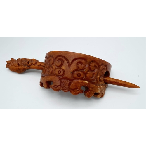 175 - A very rare and collectable, archaic, Chinese, orange-brown jade hairpin crown, with hand carved dra... 