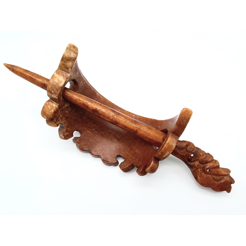 175 - A very rare and collectable, archaic, Chinese, orange-brown jade hairpin crown, with hand carved dra... 