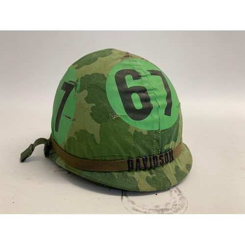 72 - A USA M1 Airborne Training Helmet with Embroidered Band - Name of Davidson. The cover has the traini... 