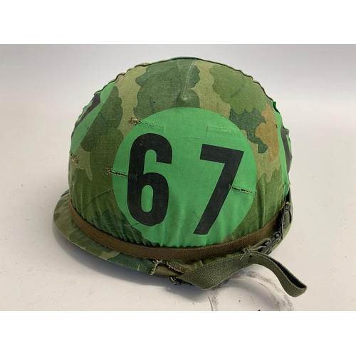 72 - A USA M1 Airborne Training Helmet with Embroidered Band - Name of Davidson. The cover has the traini... 