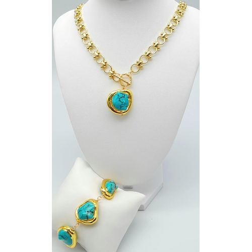 119 - A fabulous, lavishly gold filled, fancy linked chain with a turquoise nugget pendant and matching br... 