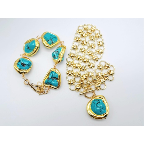 119 - A fabulous, lavishly gold filled, fancy linked chain with a turquoise nugget pendant and matching br... 