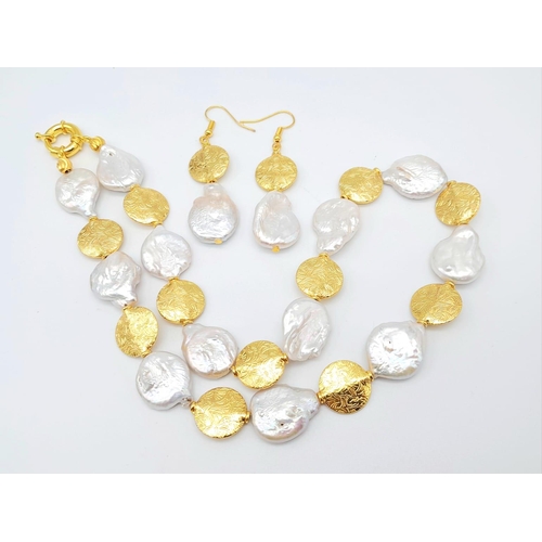 161 - A very unusual and exotic necklace and earrings set with round, flat, natural, fresh water, cultured... 