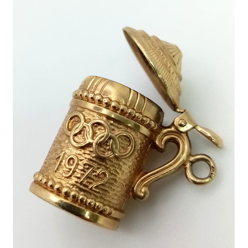 29 - A Vintage 9K Yellow Gold 1972 Munich Olympic Beer Stein Charm/Pendant. 2cm. 2.85g weight.