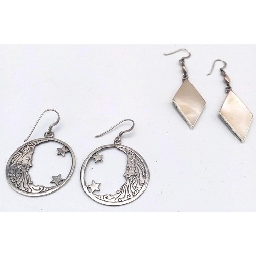 1692 - 2x pair of lovely 925 silver circular moon & star designed and mother of pearl in rhombus shape earr... 