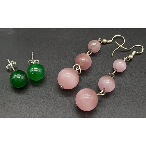 1698 - Two Pairs of Gem Earrings. Jade stud and rose quartz drop.