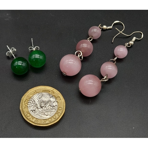 1698 - Two Pairs of Gem Earrings. Jade stud and rose quartz drop.