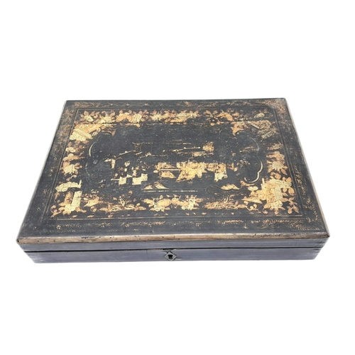 1690 - An Antique Chinese Lacquered Wood Storage Box with Hand-Painted Decoration on Lid. 26cm x 18cm